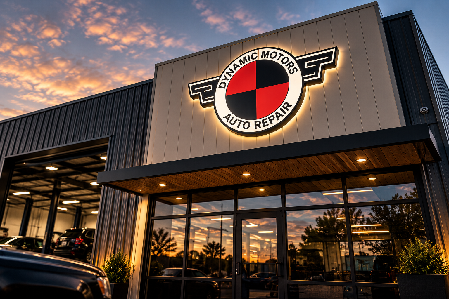 Illuminated building sign for Dynamic Motors Auto Repair at dusk