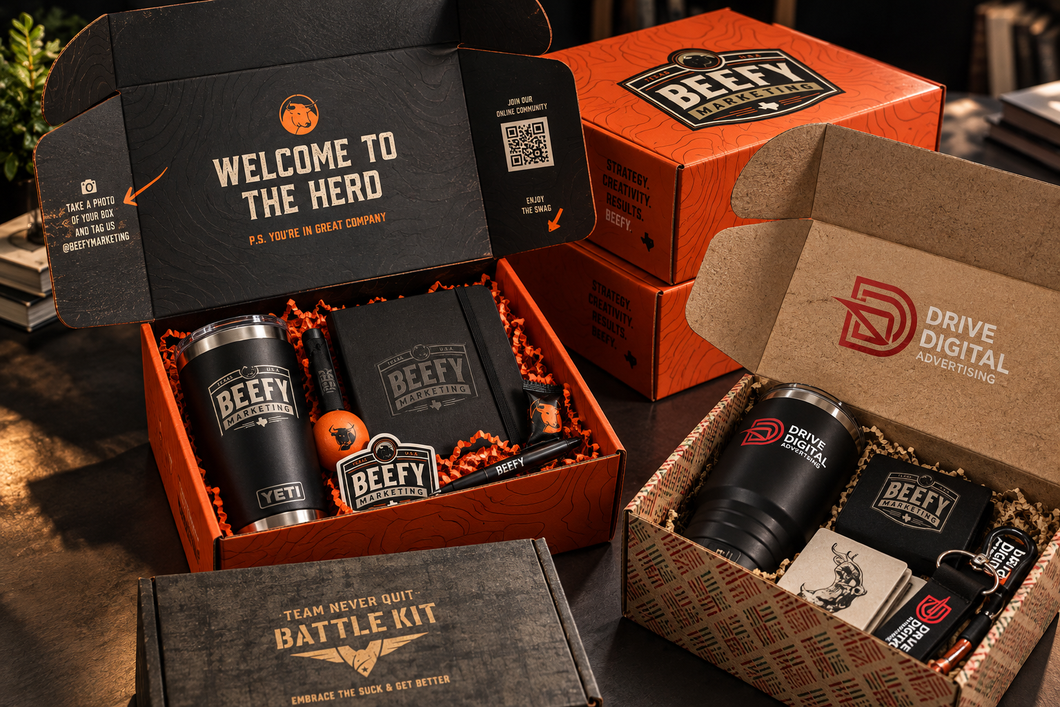 Branded welcome kits with tumblers, notebooks and stickers
