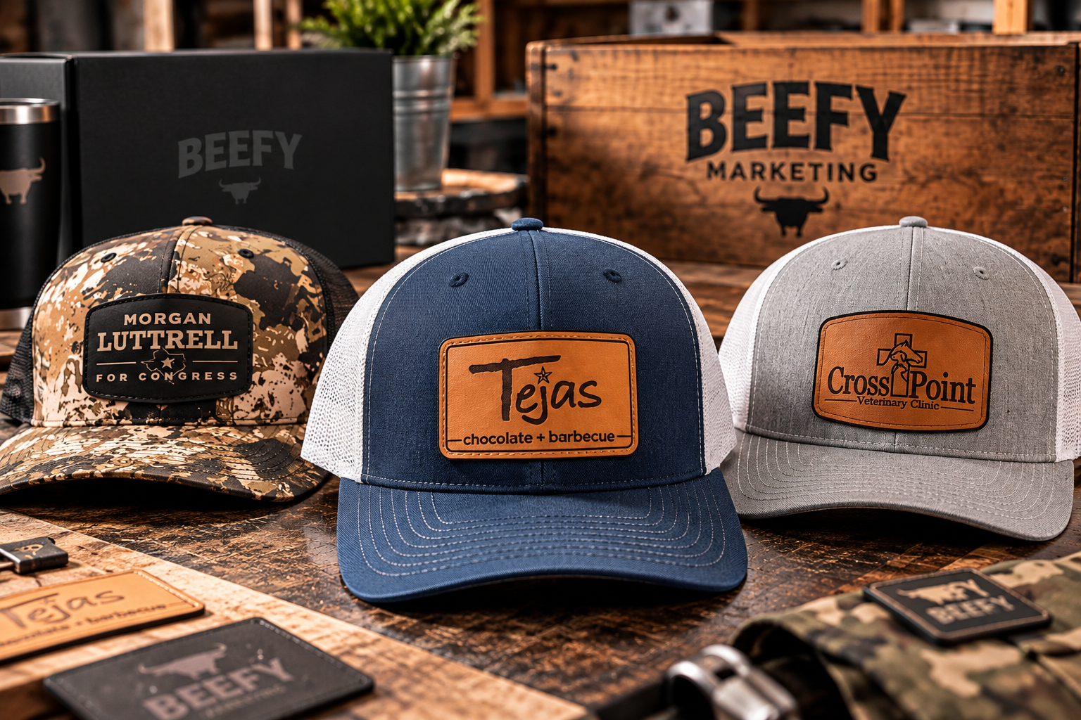 Leather patch hats for Morgan Luttrell, Tejas and Crosspoint Veterinary Clinic