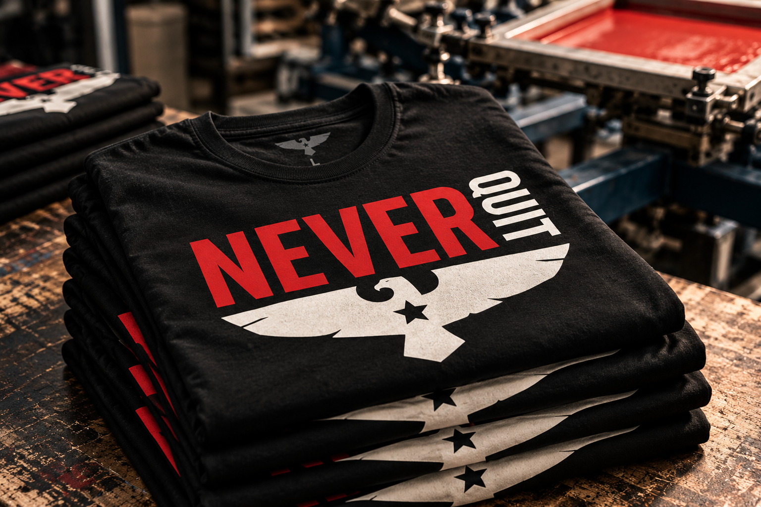 Stack of black Team Never Quit tees fresh off the press