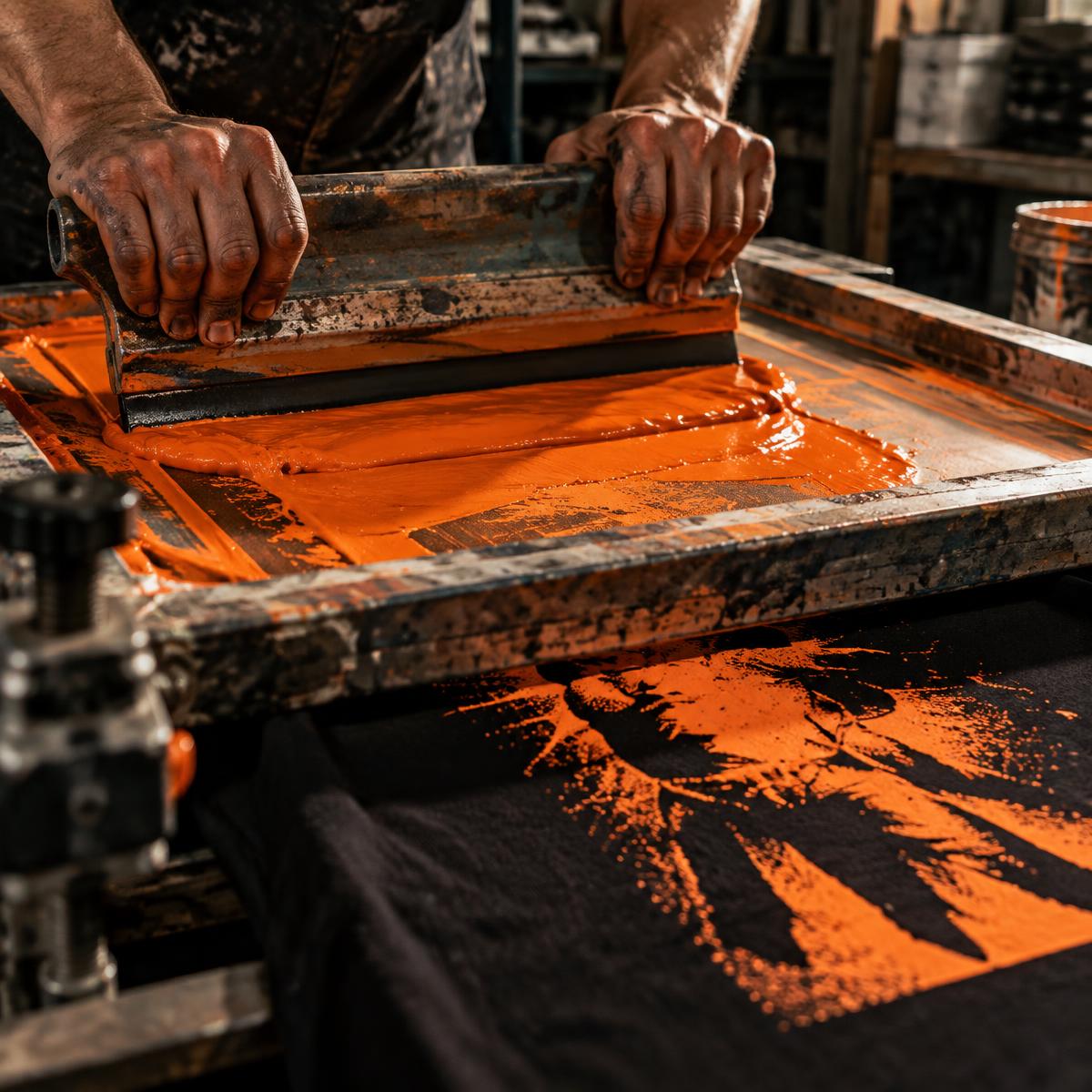 Orange ink being pulled across a screen print